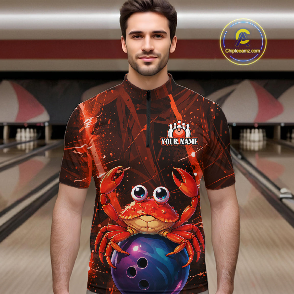 Man wearing a bowling shirt with a red crab design on a bowling alley.