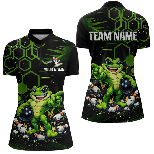 Custom Funny Green Frog Bowling Team Jersey Ugly Bowling Shirt for Women Polo & 1/4-Zip QZT844