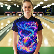 Load image into Gallery viewer, Person wearing a colorful bowling shirt with a bowling-themed design in a bowling alley.