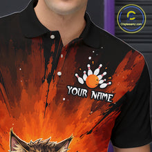 Load image into Gallery viewer, Person wearing a black and orange bowling shirt with a design and 'Your Name' text.