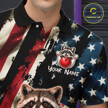 Load image into Gallery viewer, Custom American Flag Raccoon Bowling Shirts for Men Patriotic Bowling League Jersey Outfit QZT1128
