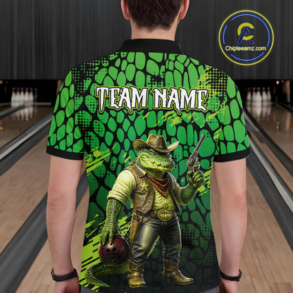 Funny Green Cowboy Alliagator Bowling Shirt for Men Custom Bowling Team Jersey Polo & 1/4-Zip Bowling Outfit QZT1012