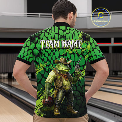 Funny Green Cowboy Alliagator Bowling Shirt for Men Custom Bowling Team Jersey Polo & 1/4-Zip Bowling Outfit QZT1012