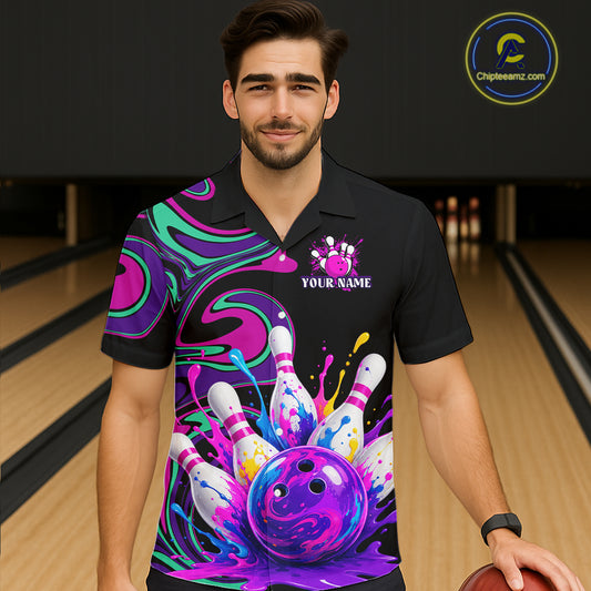 Man wearing a colorful bowling-themed shirt with a bowling alley in the background