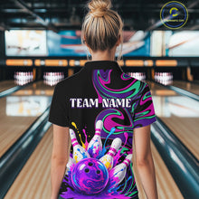 Load image into Gallery viewer, Person wearing a bowling-themed shirt with 'TEAM NAME' text in a bowling alley.