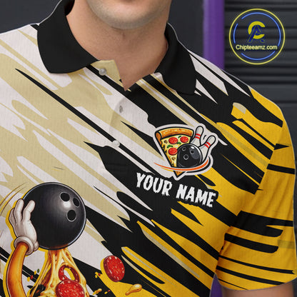 Bowling-themed polo shirt with a pizza and bowling design, featuring 'Your Name' text, on a person wearing it.