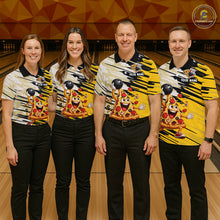 Load image into Gallery viewer, Four people wearing matching bowling shirts with a pizza design on a bowling alley.