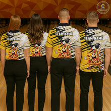 Load image into Gallery viewer, Four people wearing matching bowling shirts with cartoon characters and 'Team Name' text on a bowling alley background.