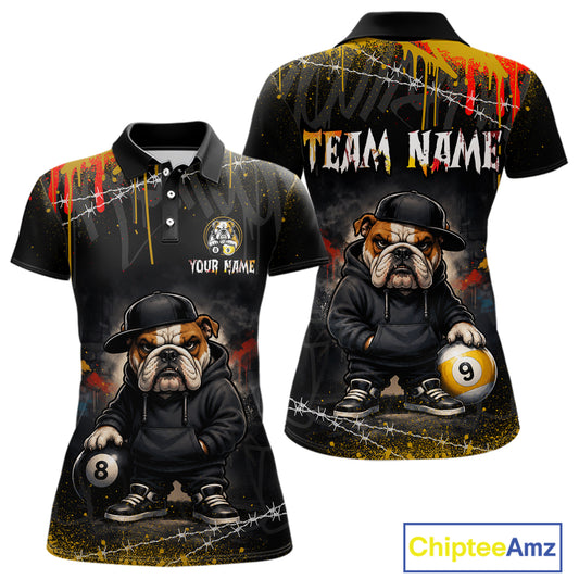 Front and back views of a custom black polo shirt featuring a cartoon bulldog in a black hoodie and hat holding pool balls, with 'YOUR NAME' and 'TEAM NAME' text on a white background. A ChipteeAmz logo is visible in the bottom right corner.