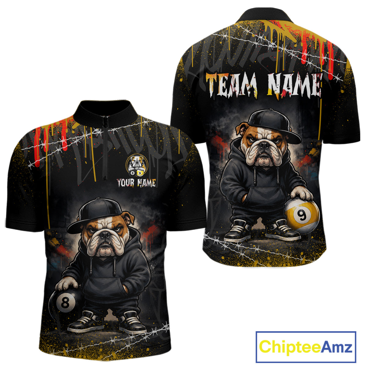 Custom short-sleeve polo shirt shown from both front and back views. The shirt features a black base with a detailed graphic of an bulldog dressed in a black hoodie and hat, holding pool balls, with yellow, red, and white paint splatters and barbed wire graphics.
