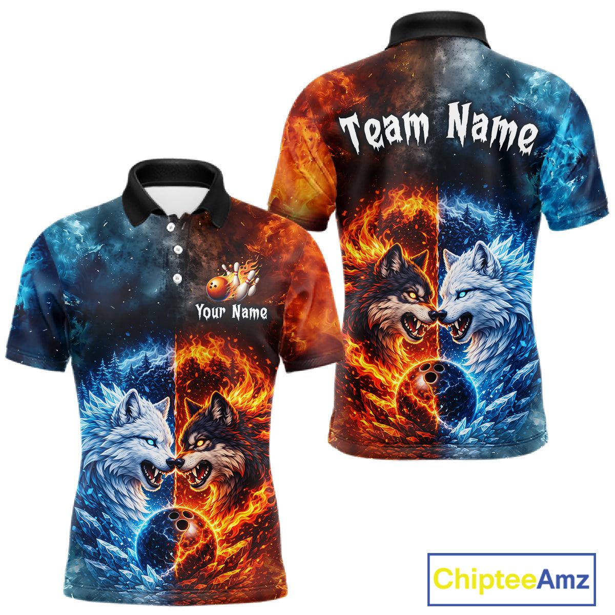 Fire and Ice Wolf Bowling Team Shirt Custom Bowling League Jersey for Men Bowling Polo & 1/4-Zip QZT937