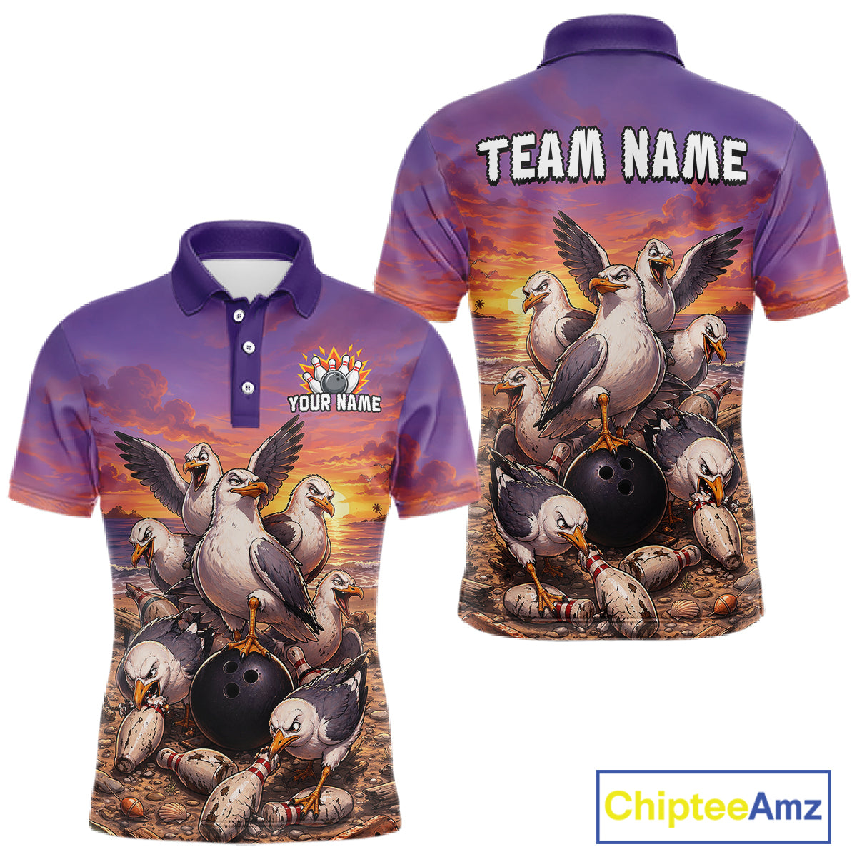 Custom Sunset Funny Gull Team Bowling Shirt for Men Bowling League Jersey Polo & Quarter-Zip QZT1017