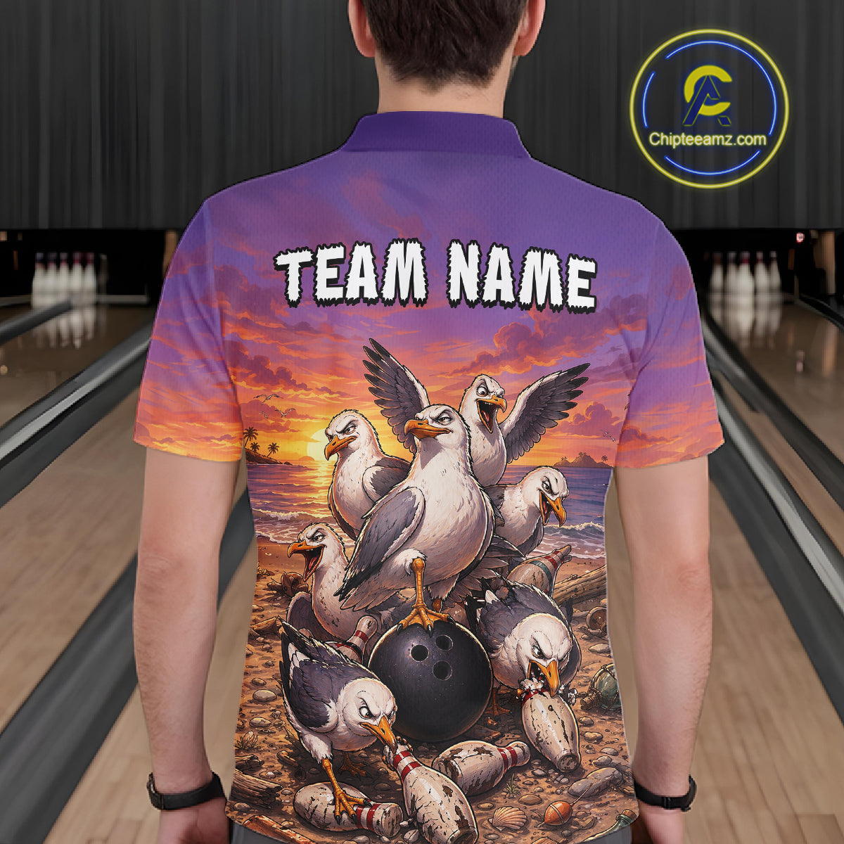 Custom Sunset Funny Gull Team Bowling Shirt for Men Bowling League Jersey Polo & Quarter-Zip QZT1017