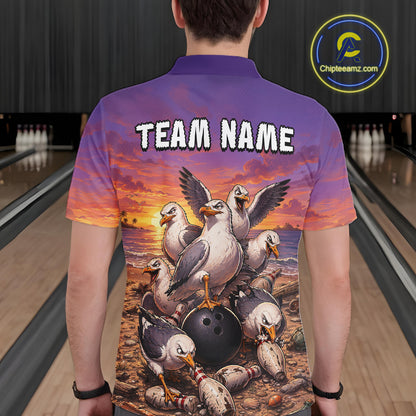 Custom Sunset Funny Gull Team Bowling Shirt for Men Bowling League Jersey Polo & Quarter-Zip QZT1017