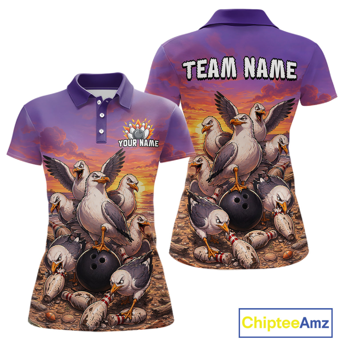 Custom Sunset Funny Gull Team Bowling Shirt for Women Bowling League Jersey Polo & Quarter-Zip QZT1017