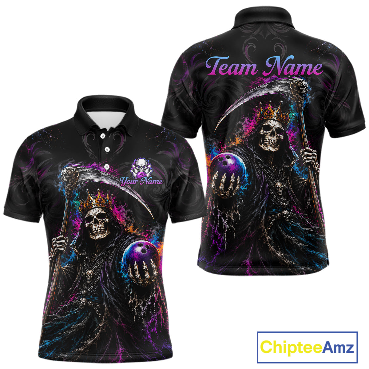 Black short-sleeve polo shirt shown from front and back, featuring a large grim reaper graphic with a crown, scythe, skeleton, glowing purple bowling balls, and colorful neon lightning effects. The back has 'Team Name' text and the front has a smaller 'Your Name' placeholder.