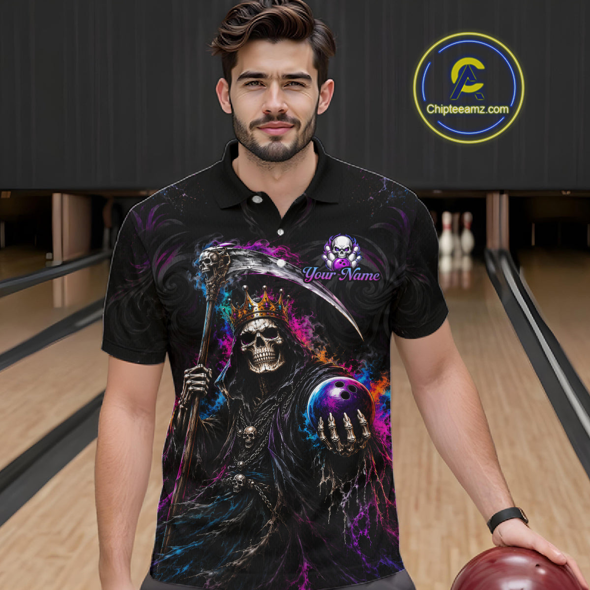 A man wearing a black short-sleeve polo shirt with a vibrant, colorful graphic of a grim reaper skeleton holding a scythe and bowling ball, set against a bowling alley background. 