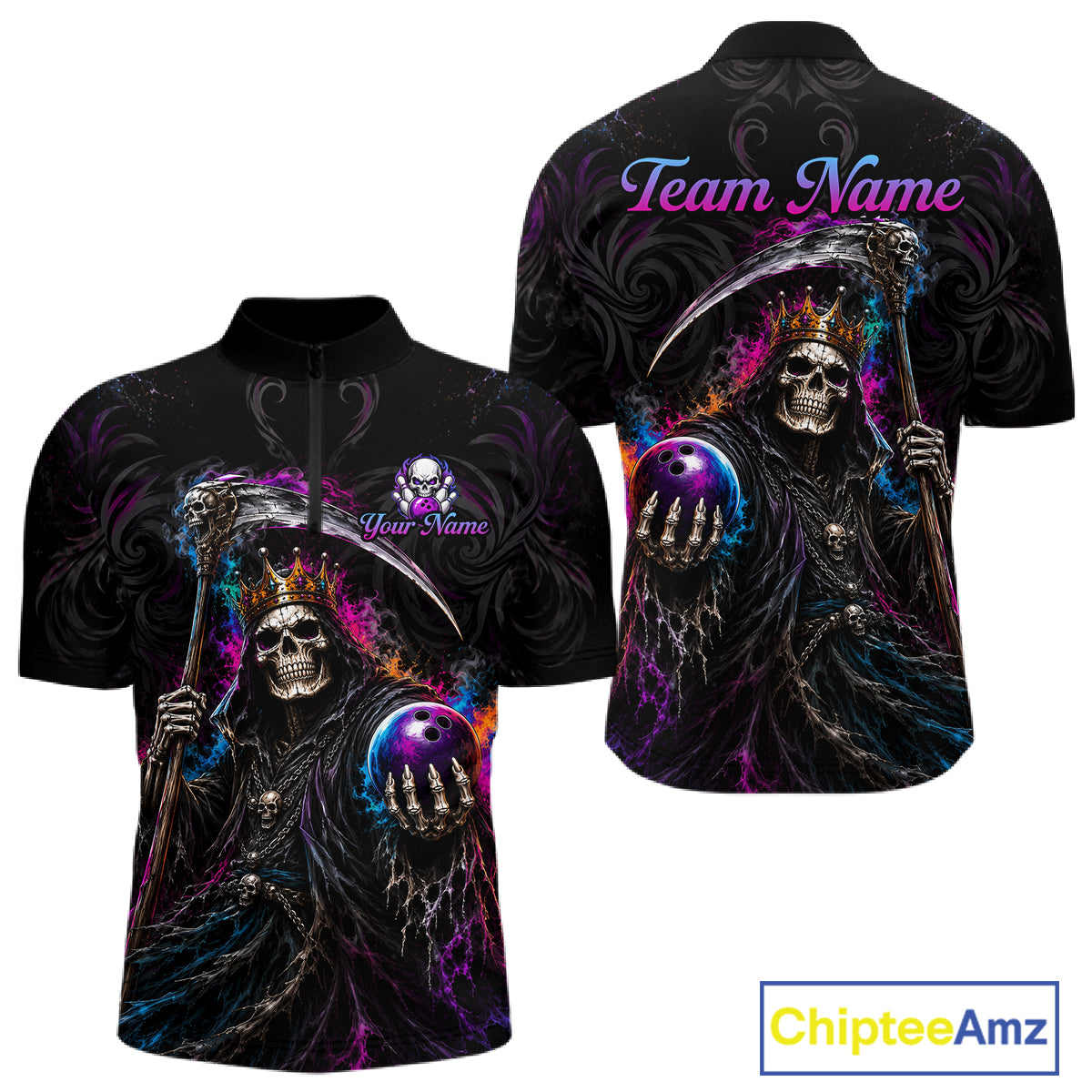 Black short-sleeve zip-up shirt shown from front and back, featuring a vivid grim reaper graphic with a skull, scythe, purple lightning effects, and customizable text reading 'Team Name' and 'Your Name'. A ChipteeAmz logo appears in the bottom right corner.