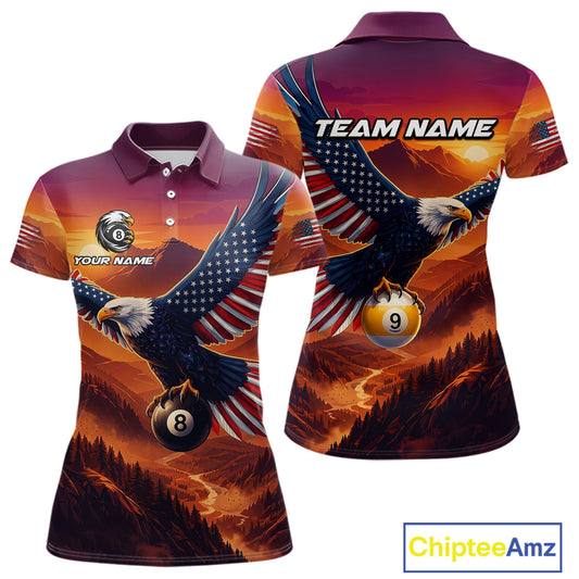 Polo shirt with eagle design, American flag, and billiard ball on a scenic background, featuring 'Chiptee Amz' branding.