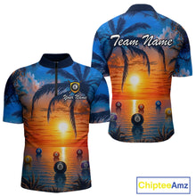 Load image into Gallery viewer, Two views of jerseys with a tropical sunset design featuring billiard balls and palm trees, branded 'Chiptee Amz'.