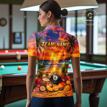 Load image into Gallery viewer, Woman wearing a colorful shirt with a tropical design and 'TEAM NAME' text in a pool hall.