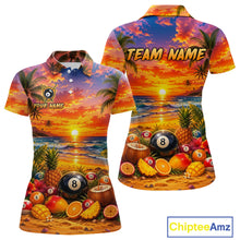 Load image into Gallery viewer, Two views of polo shirts with a tropical design featuring a sunset, palm trees, and pool balls.