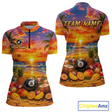 Load image into Gallery viewer, Two views of a jerseys outfit with a tropical design featuring fruits, billiards balls, and palm trees.