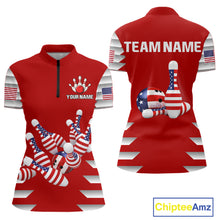 Load image into Gallery viewer, Front and back view custom red patriotic bowling quarter-zip shirt featuring American flag bowling pins, bowling ball, stars and stripes design, personalized with team name and player name