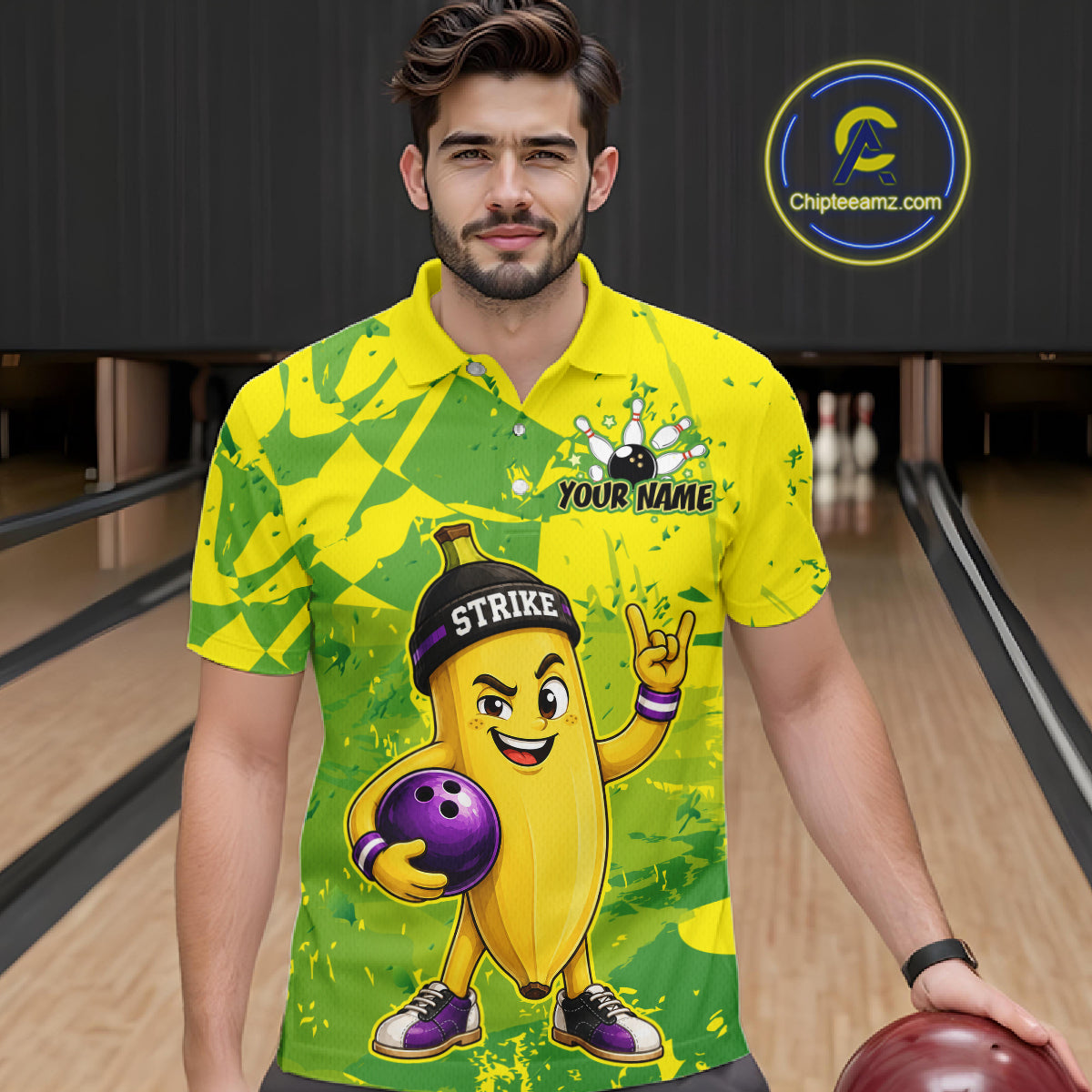 A man wearing custom yellow banana bowling polo shirt front view featuring a funny cartoon fruit and bowling ball, displaying Your Name, at the bowling alley
