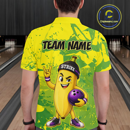 A man wearing custom yellow banana bowling polo shirt back view featuring a bowling ball and green camouflage pattern, displaying Team Name, at the bowling alley