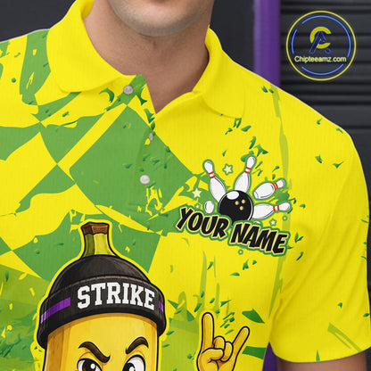 Close-up front view of custom yellow banana bowling polo shirt showing Your Name, funny cartoon banana graphic and green camouflage pattern