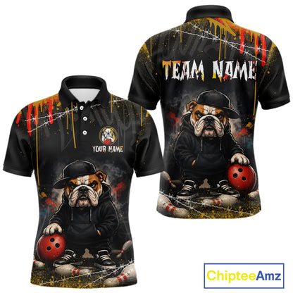 Custom black short-sleeve polo shirt shown from front and back, featuring a bulldog in a black hoodie holding a red bowling ball, with 'TEAM NAME' and 'YOUR NAME' text areas on a white background.