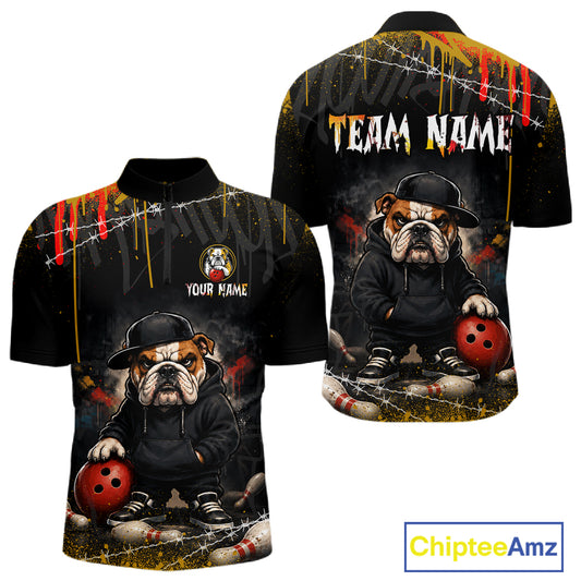 Front and back view custom black bulldog bowling quarter-zip shirt featuring a fierce cartoon mascot, bowling ball, paint drip effect and grunge pattern, displaying Your Name and Team Name