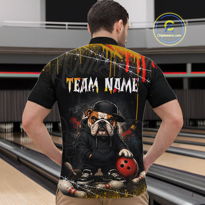 A man wearing custom black bulldog bowling quarter-zip shirt back view featuring a bowling ball, paint drip effect and grunge pattern, displaying Team Name, at the bowling alley