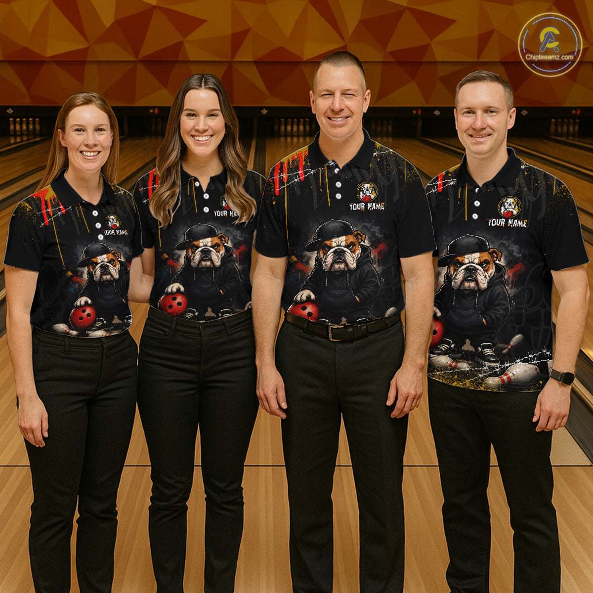 Four people standing in a bowling alley wearing matching black custom bowling shirts with bulldog graphics and red ladybug accents, paired with black pants.