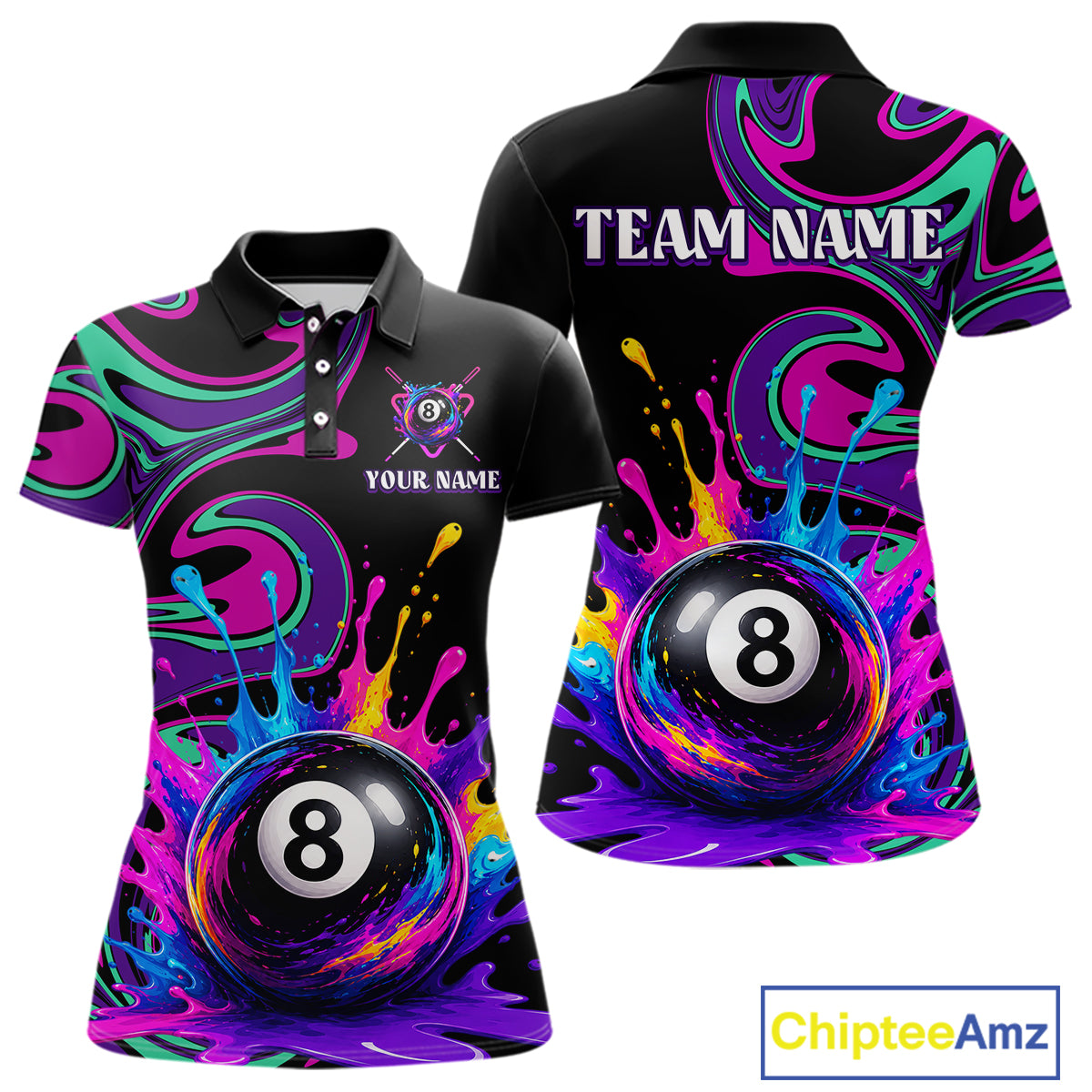 Front and back views of a black short-sleeve polo shirt featuring a vibrant purple, pink, and blue psychedelic paint splatter design with a 8-ball pool graphic and customizable text.
