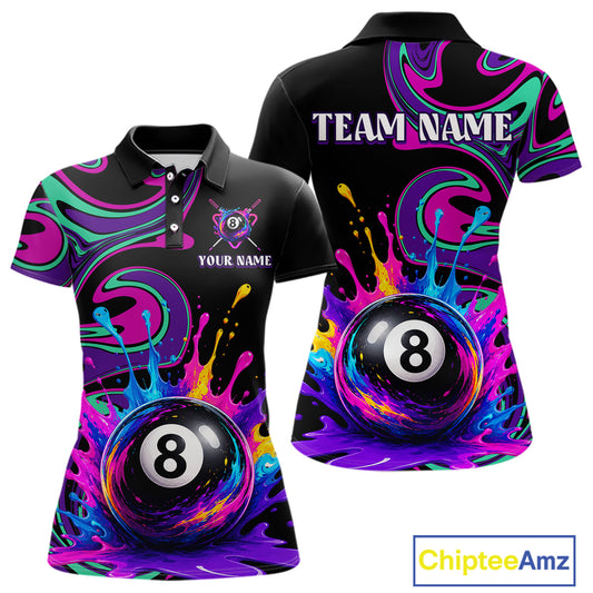 Front and back views of a black short-sleeve polo shirt featuring a vibrant purple, pink, and blue psychedelic paint splatter design with a 8-ball pool graphic and customizable text.