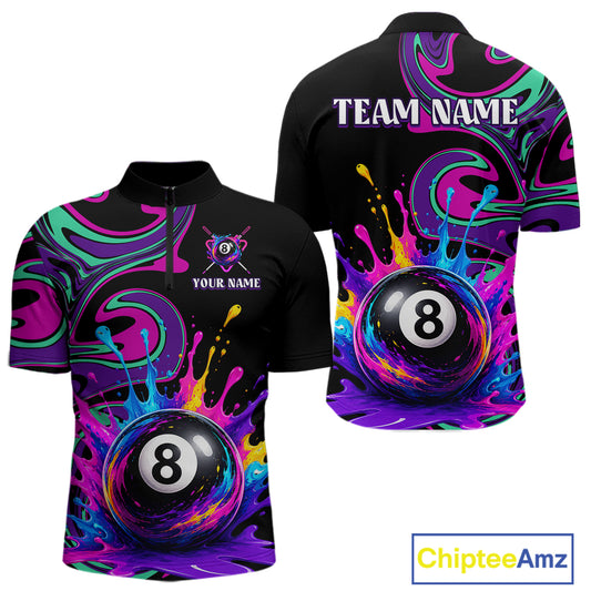 Black short-sleeve quarter-zip shirt shown from the front and back with a colorful psychedelic splash design featuring an 8-ball motif, purple 'TEAM NAME' text on the back, and customizable text on the front. 