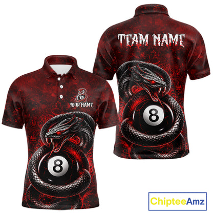 Custom short-sleeve polo shirt shown from front and back, featuring a red and black snakes wrapping around an 8-ball pool bill graphic, with placeholder text 'TEAM NAME' and 'YOUR NAME' on a white background.