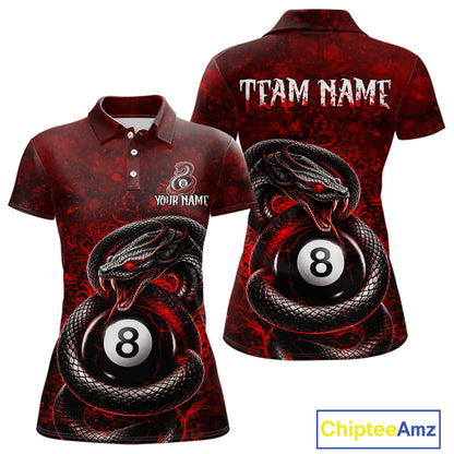 Custom short-sleeve polo shirt shown from front and back on a white background. The shirt features a red and black snakes and 8-ball pool graphic, with 'TEAM NAME' and 'YOUR NAME' placeholder text on the back and front chest respectively.