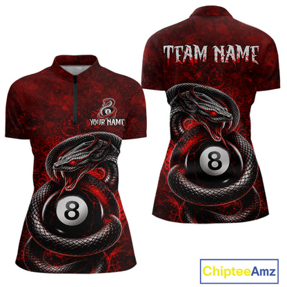 Front and back views of a short-sleeve quarter-zip shirt with a red and black snakes and 8-ball pool design, featuring customizable text areas on the chest and back, shown on a white background with a ChipteeAmz logo in the corner.