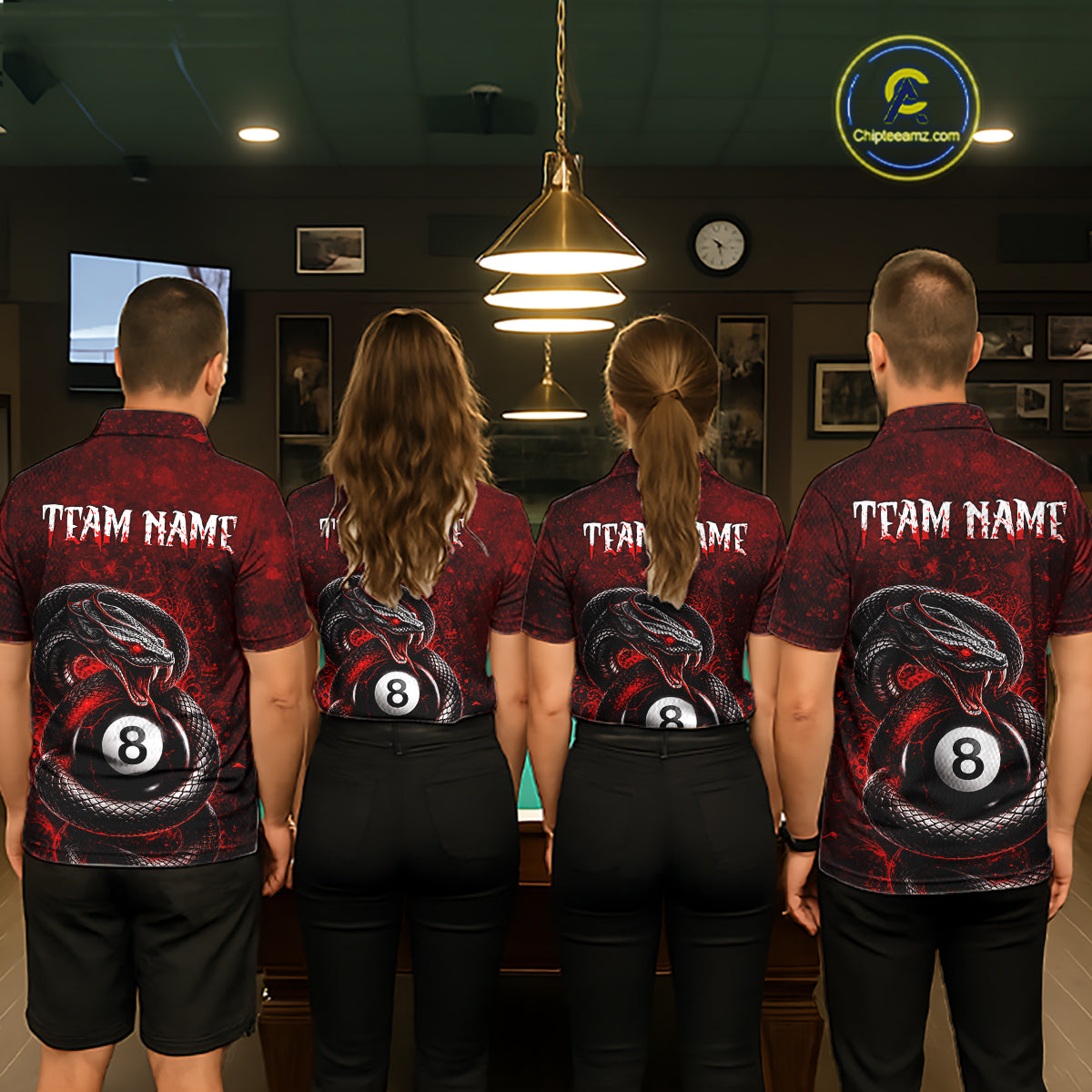 Four people standing with their backs to the camera in a dimly lit indoor room, wearing matching dark red and black short-sleeve shirts with a large coiled snake graphic, a billiard ball with the number 8, and the text 'TEAM NAME' across the upper back.