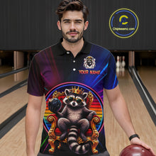 Load image into Gallery viewer, Man wearing a neon polo shirt with a raccoon design in a bowling alley.