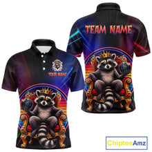 Load image into Gallery viewer, Two views of neon polo shirt with raccoon design and customizable text on a white background