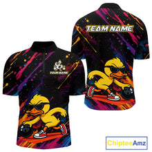 Load image into Gallery viewer, Custom short-sleeve athletic quarter-zip shirt shown from the front and back, featuring a yellow cartoon duck wearing sunglasses and bowling shoes on a colorful abstract paint-splatter background. The front has a custom logo area reading 'YOUR NAME', and the back has 'TEAM NAME' printed above the duck.