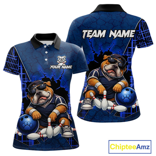 Custom short-sleeve polo shirt shown from the front and back, featuring a blue cracked-plate background with a bulldog bowling graphic, white 'TEAM NAME' text on the back, and 'YOUR NAME' text on the front. 