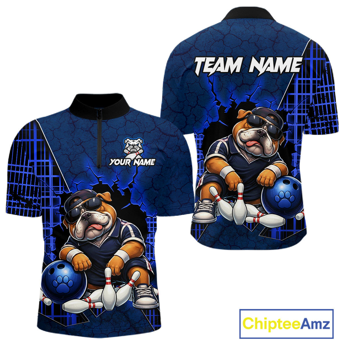 Custom short-sleeve quarter-zip bowling shirt shown from both front and back views. The shirt features a dark blue cracked-glass background with a cartoon bulldog wearing a bowling helmet and sunglasses, bowling with bowling pins and a bowling ball.