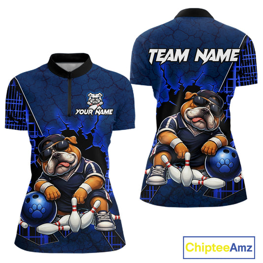 Customizable short-sleeve athletic polo shirt shown from the front and back, featuring a blue cracked-pattern background with a cartoon bulldog bowling graphic, black collar, and white 'TEAM NAME' and 'YOUR NAME' placeholder text.