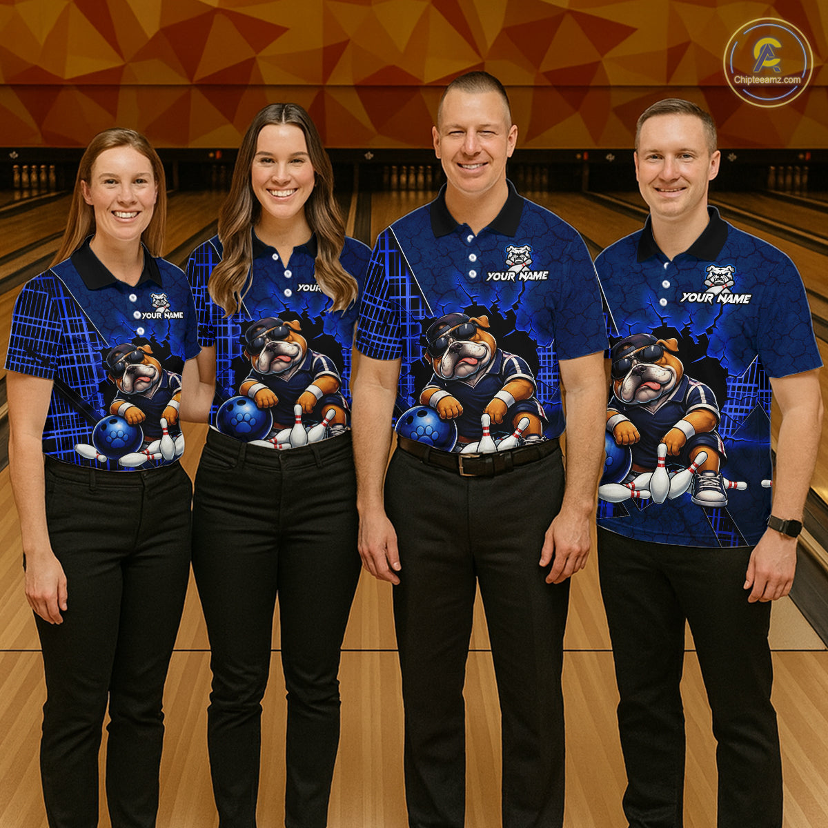 Group of four wearing custom black bulldog bowling shirts front view featuring a fierce cartoon mascot, bowling ball and paint drip effect at the bowling alley