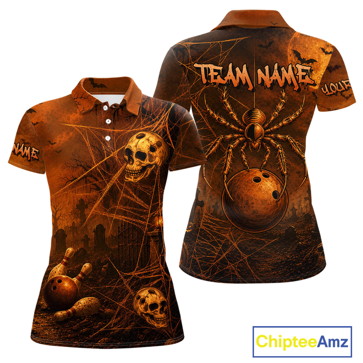 Front and back views of a short-sleeve polo shirt with a spooky Halloween theme, featuring a large spider, bowling ball, skulls, cobwebs, and tombstones in an orange-brown color palette. The back has a customizable 'TEAM NAME' text area.